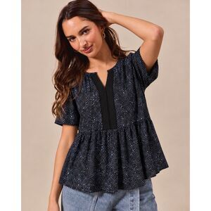 Collective Concepts Size M Navy Blue Printed Peplum Blouse Lace Trim Short Sleev